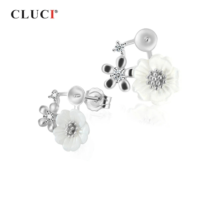 925 Silver Flower Earrings Zircon Pearl Studs Women SE063SB