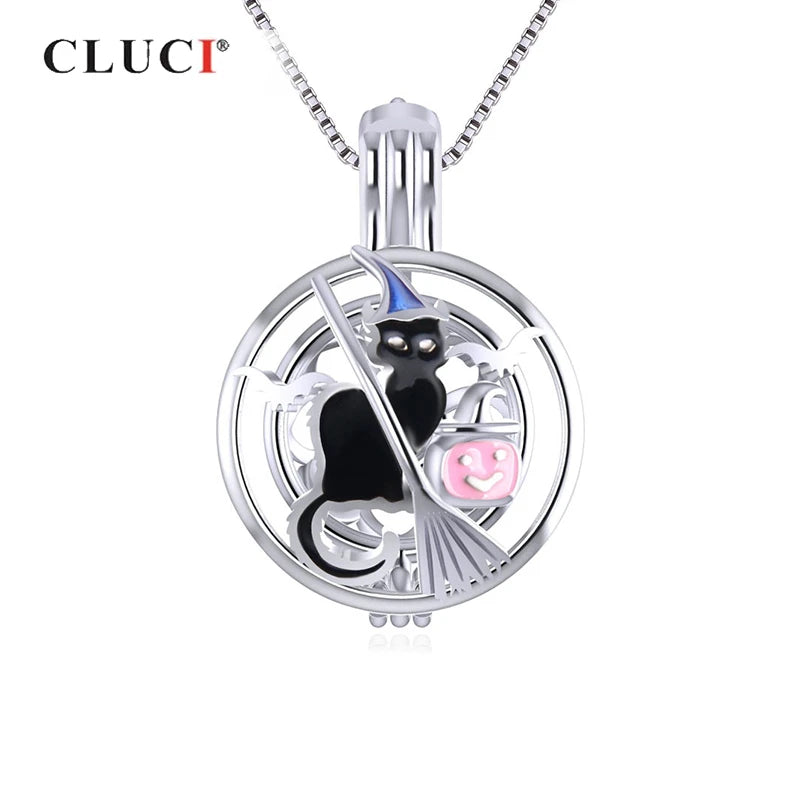 925 Silver Halloween Witch Cat Pendant Round Shaped