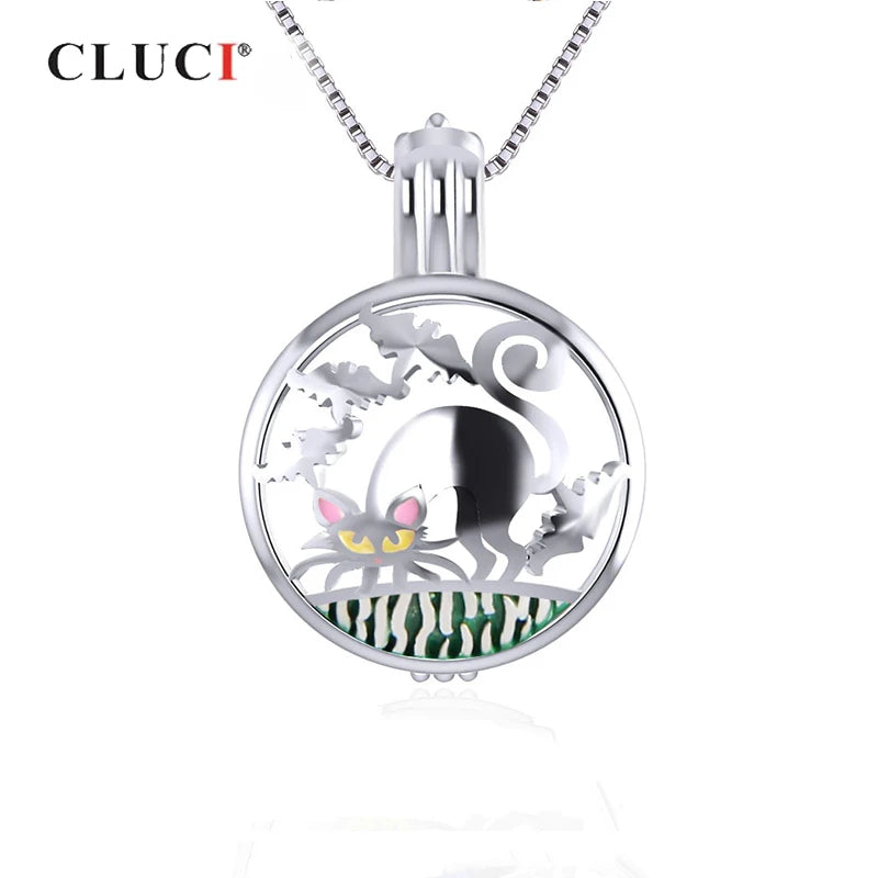 Halloween Silver Cat Pendant 925 Sterling Silver Pearl Locket SC324SB