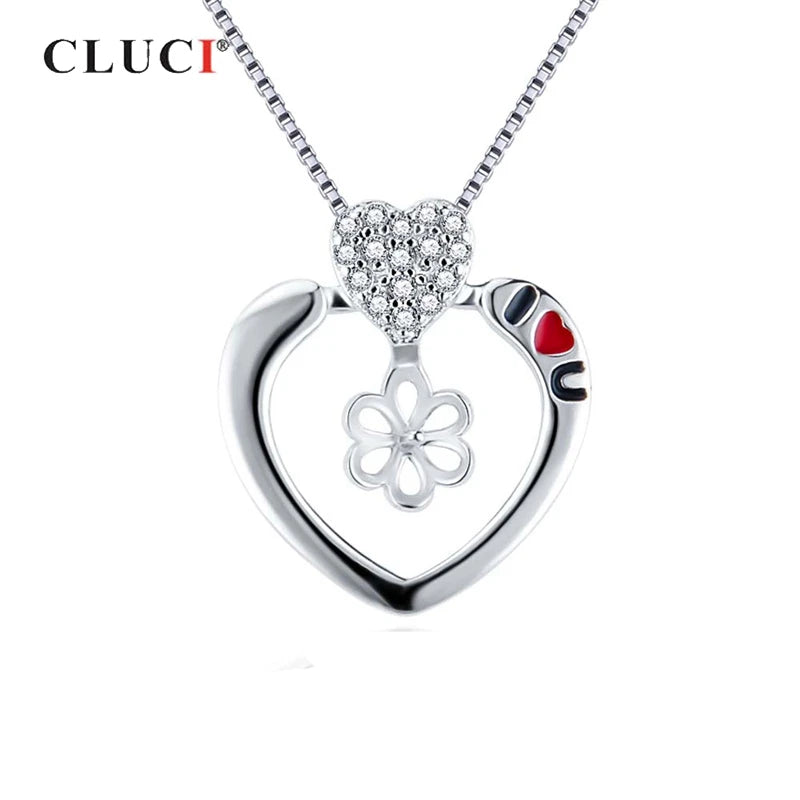 925 Silver Love Heart Charm Pendant with Zircon Pearl Mounting