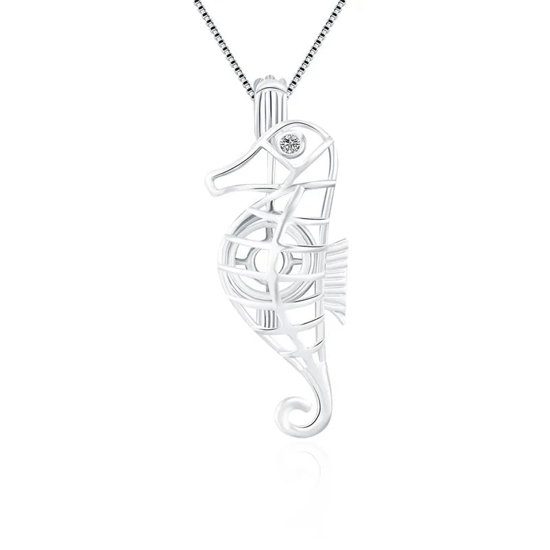 925 Sterling Silver Seahorse Pearl Locket Pendant Necklace