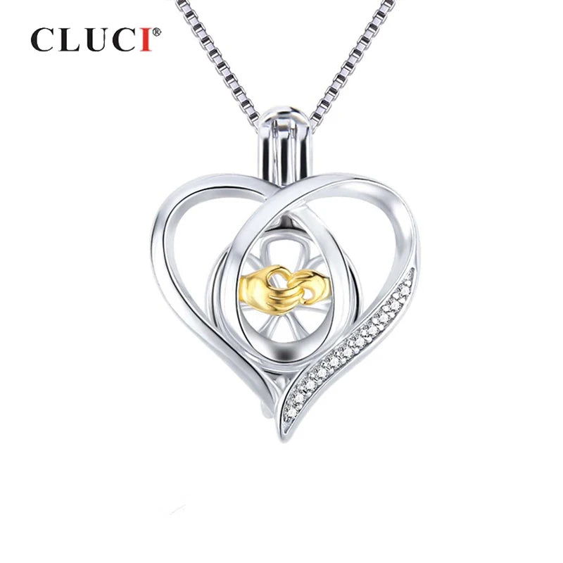 925 Silver Heart Zircon Pearl Cage Pendant Necklace