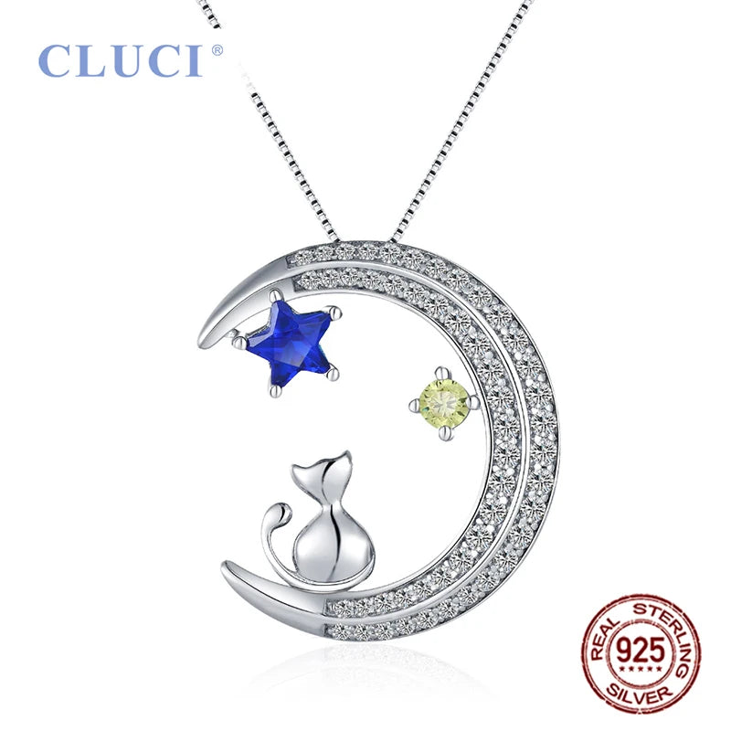 Cat & Moon 925 Silver Zircon Necklace Women Valentine Gift