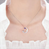 Cat & Moon 925 Silver Zircon Necklace Women Valentine Gift