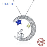 Cat & Moon 925 Silver Zircon Necklace Women Valentine Gift