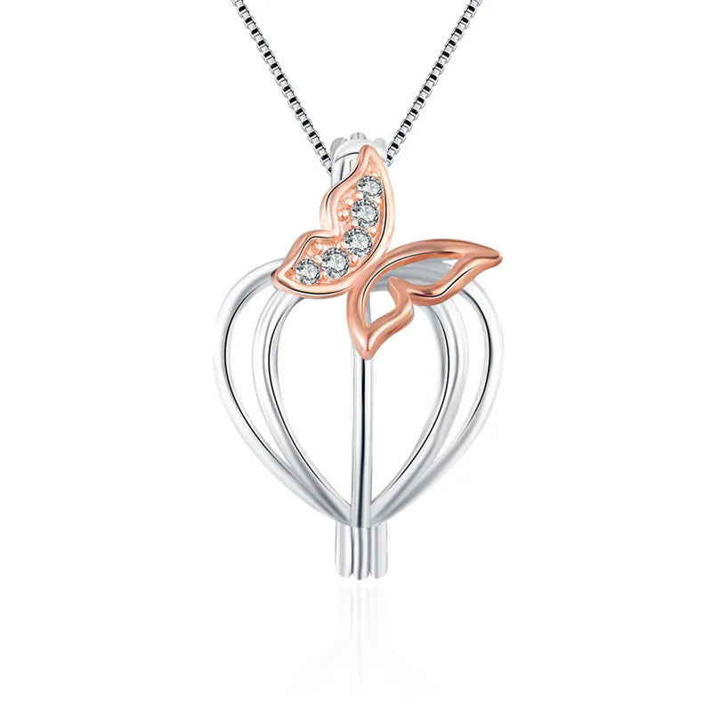 925 Silver Rose Locket Heart Zircon Butterfly Pearl Pendant