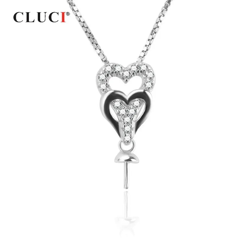 925 Silver Double Heart Charms Necklace Zircon Pendant