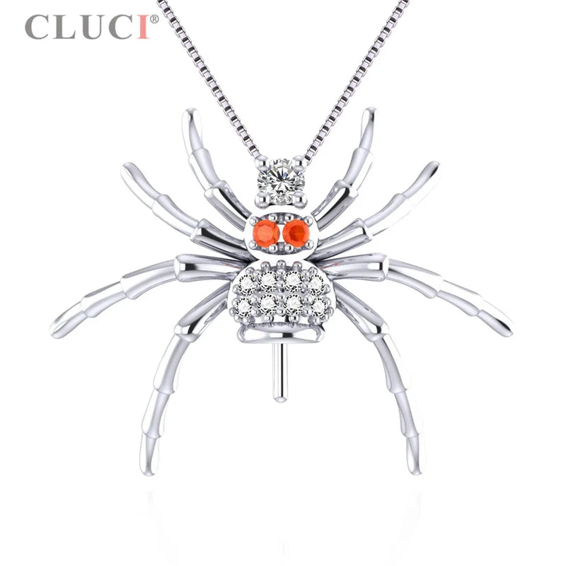 Spider Necklace Halloween & Pearl Pendants 925 Sterling Silver Red CZ Spider