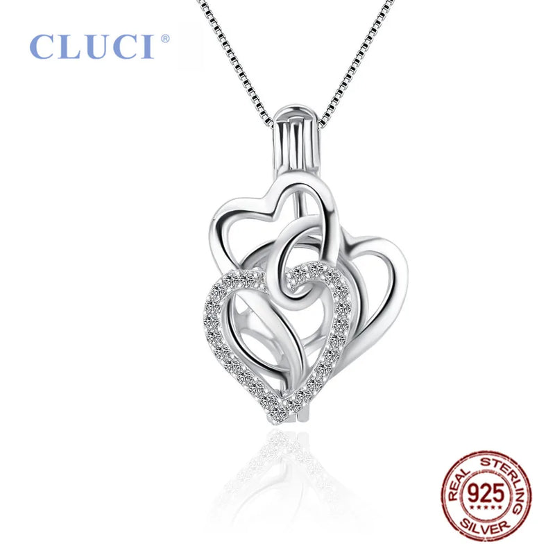 925 Sterling Silver Zircon Three Hearts Cage Pendant