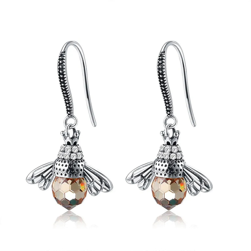 925 Silver Bee Vintage Drop Earrings Austria Crystal Zirconia Jewelry Gift