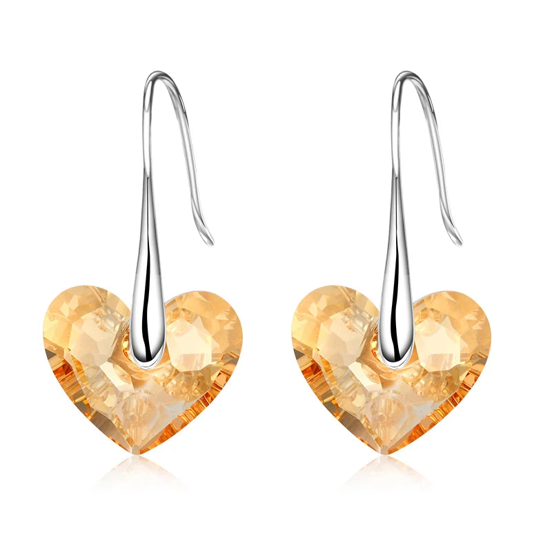 925 Silver Drop Earrings Golden Heart Crystals Wedding Gift