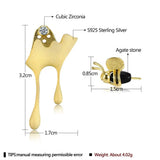 925 Silver Bee Stud Earrings 18K Plated Asymmetric Design - Women's Jewelry Gift