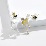 925 Silver Bee Stud Earrings 18K Plated Asymmetric Design - Women's Jewelry Gift
