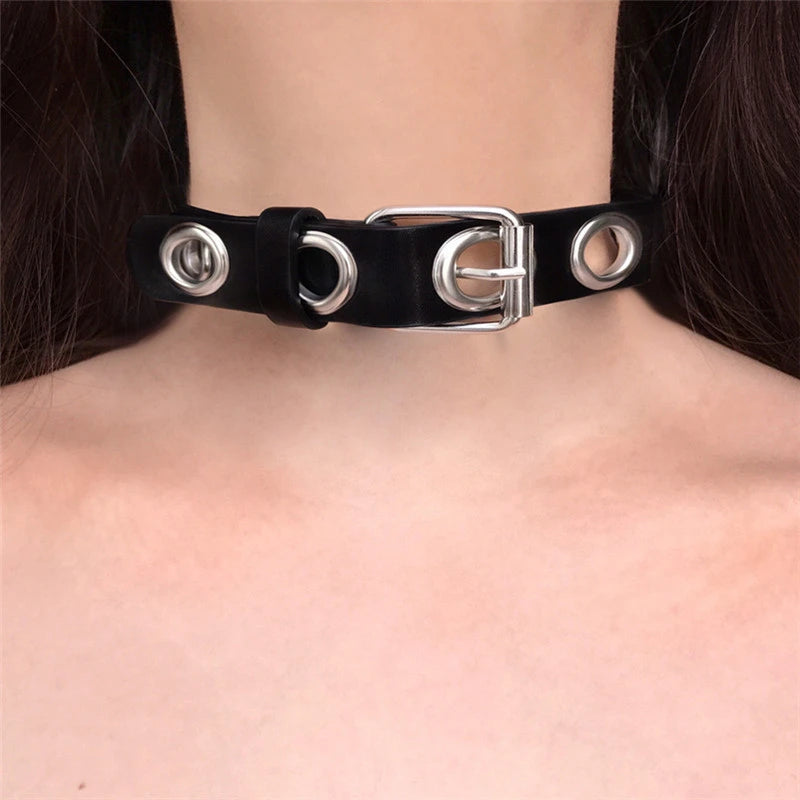 Dark Necklace Choker PU Eyelet Gothic Jewellery Choker Ribbon Necklace Women