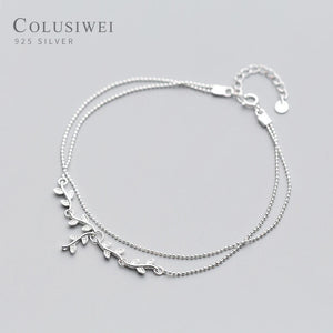 925 Silver Tree Branch Leaves Double Light Beads Anklet for Women