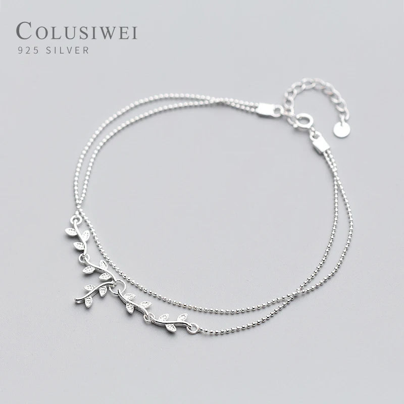 925 Silver Tree Branch Leaves Double Light Beads Anklet for Women