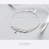 925 Silver Tree Branch Leaves Double Light Beads Anklet for Women