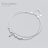 925 Silver Tree Branch Leaves Double Light Beads Anklet for Women