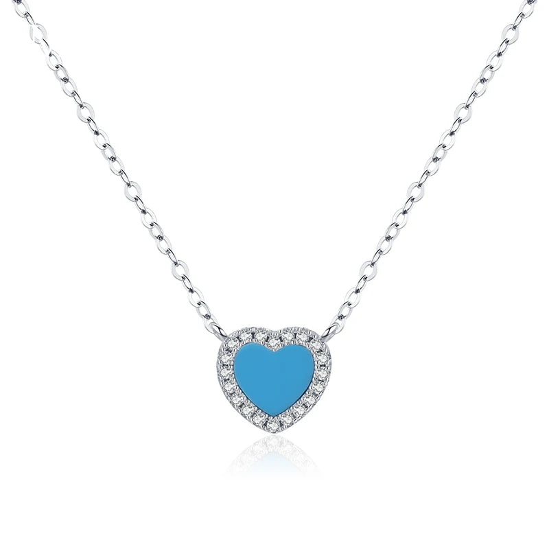 925 Silver Turquoise Heart Pendant Necklace Chain Link Women Fine Jewelry
