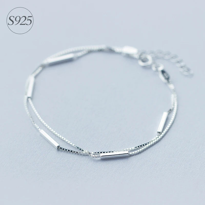 925 Silver Geometric Rectangle Layer Bracelet for Women