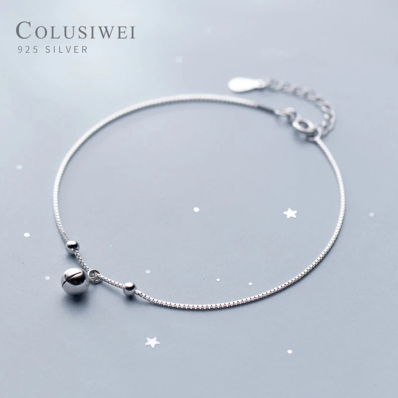 925 Silver Bell Bead Anklet for Women Round Chain Jewelry