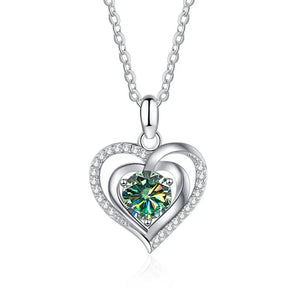 Heart Diamond Pendant Necklace S925 Sterling Silver Green Pink Stones