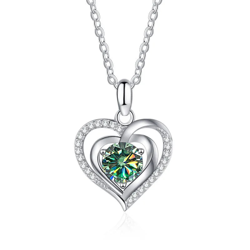 Heart Diamond Pendant Necklace S925 Sterling Silver Green Pink Stones