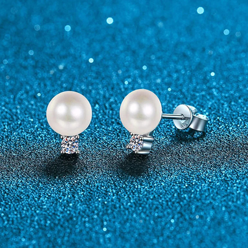 925 Silver Diamond & Pearl Moissanite Stud Earrings