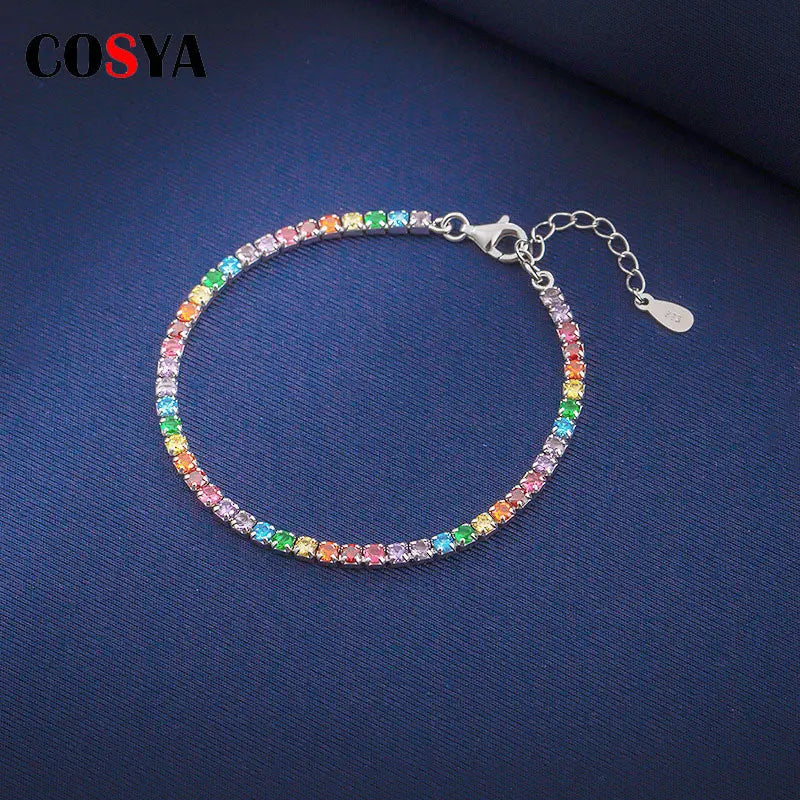 Sterling Silver Rainbow Diamond Bracelet - Women's Sparkling Zircon Rings