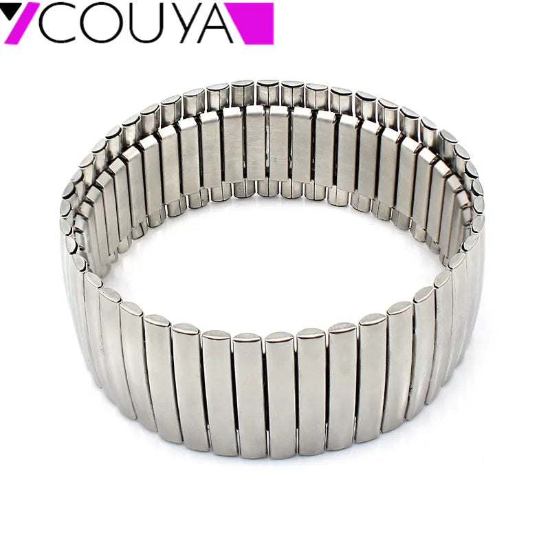 Stainless Steel Silver Wide Stretch Bracelets Men Women Jewelry