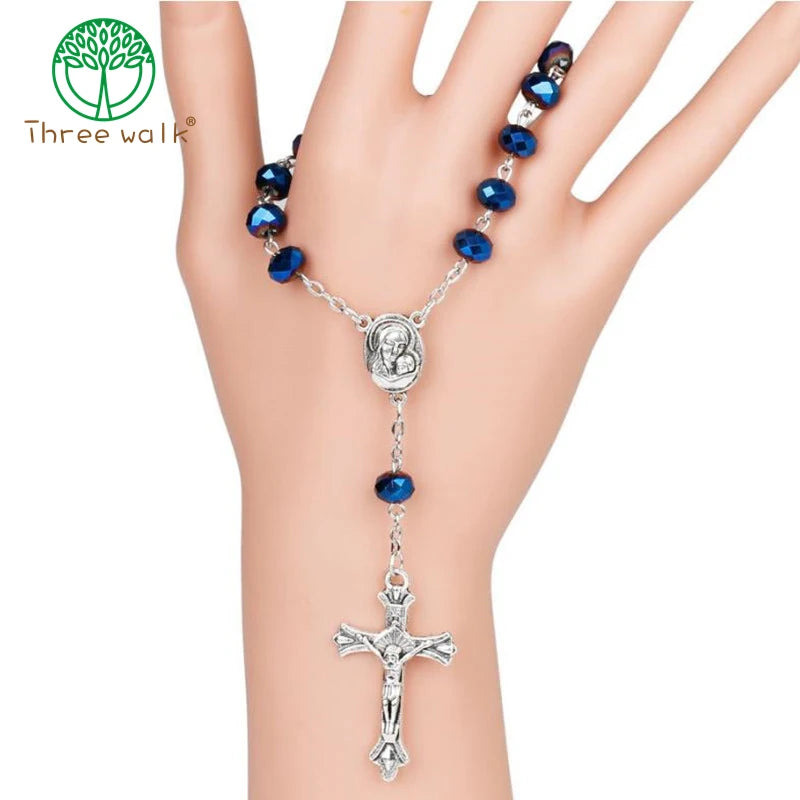 Dark Glass Beads Catholic One-Decade Rosary Crucifix Bracelet