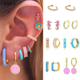Smile Enamel CZ Hoop Stud Earrings Set Party Jewelry