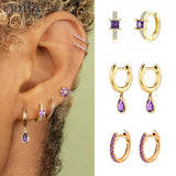 Silver Drop Hoop Earrings Purple CZ Zircon Dangle Jewelry