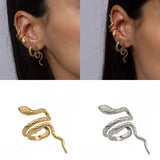 Silver Plated CZ Snake Stud Ear Cuff Earrings