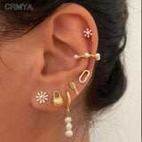 Gold-Plated Stud Earrings for Women with CZ Pearl Set
