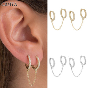 Silver Double Round Hoop Earrings CZ Zircon Tassel Earring