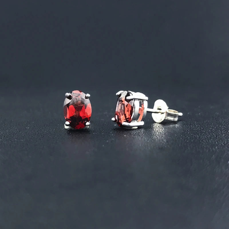 925 Silver Natural Garnet Stud Earrings Oval 4*6mm for Women