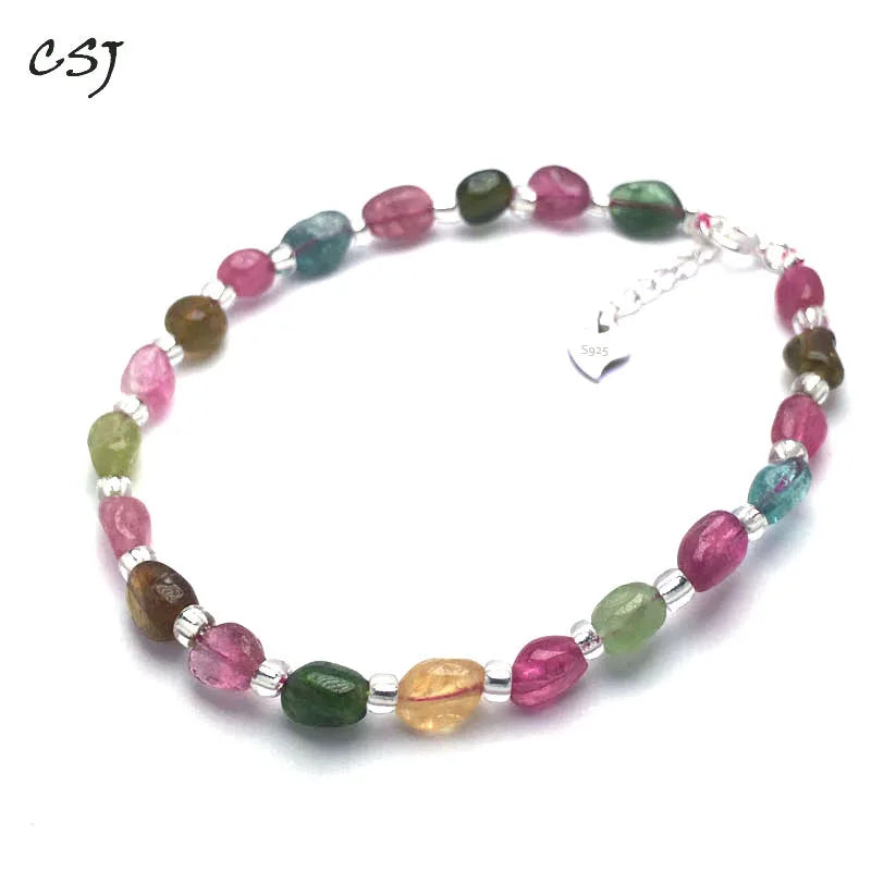 Natural Multicolour Tourmaline Bracelet Sterling 925 Silver Jewelry