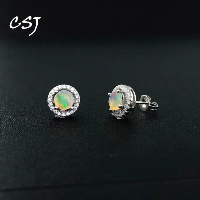 CSJ Opal Stud Earrings 925 Sterling Silver 5mm Jewelry Women Wedding Party