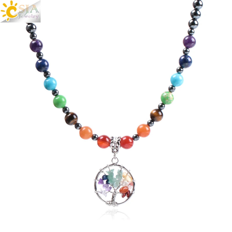 CSJA Hematite 7 Chakra Tree of Life Men Necklaces Pendants