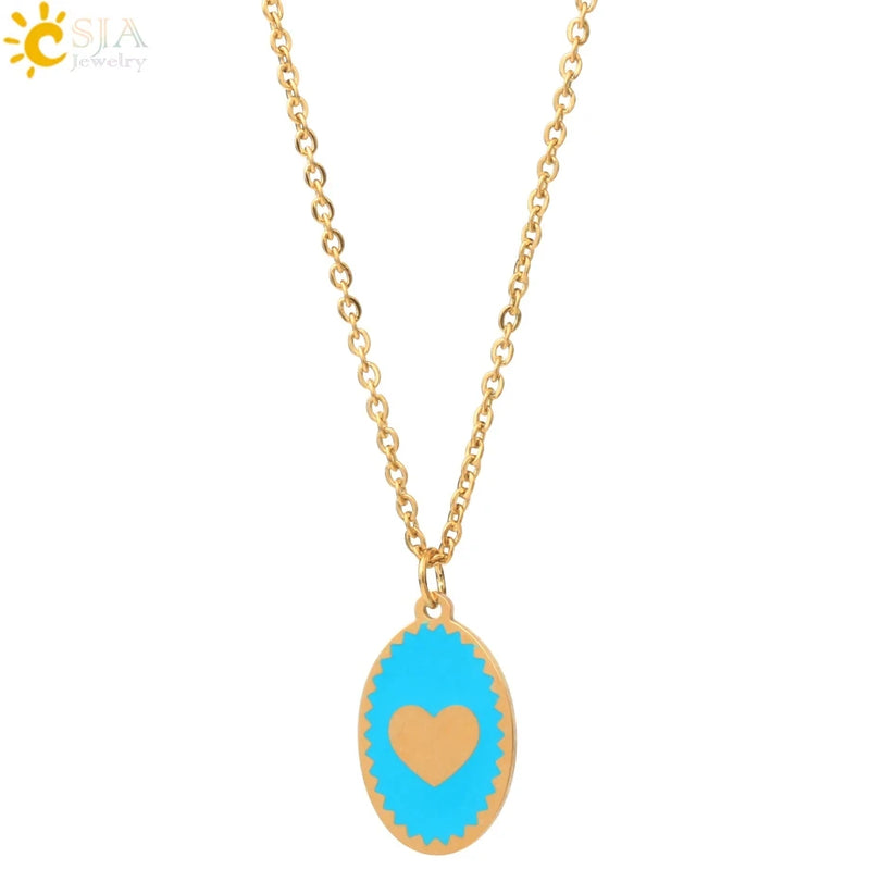 CSJA Stainless Steel Enamel Heart Charms Pendant Necklace