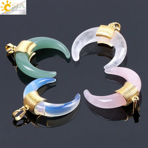 Natural Stone Half Moon Pendant Charming Crystal Beads DIY Necklace F064