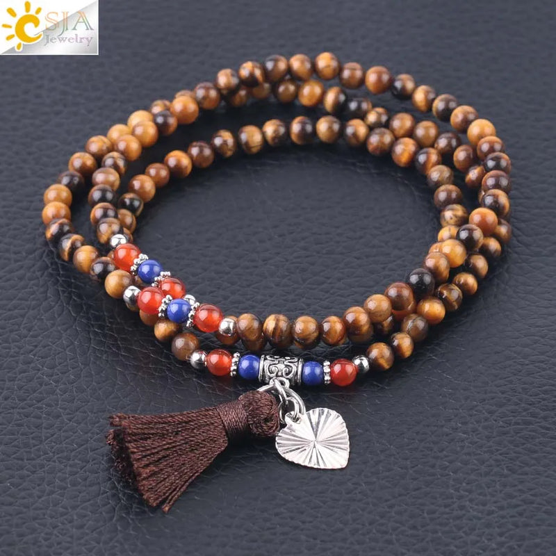 CSJA 4mm Multi-layer Bracelet for Women Natural Stone Round Bead Tassel