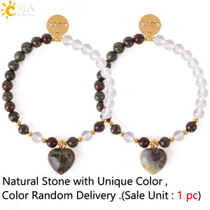 CSJA 6mm Rock Crystal Bracelet Heart Natural Stone Quartz Beads LOVE Charm