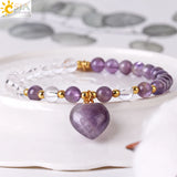 CSJA 6mm Rock Crystal Bracelet Heart Natural Stone Quartz Beads LOVE Charm