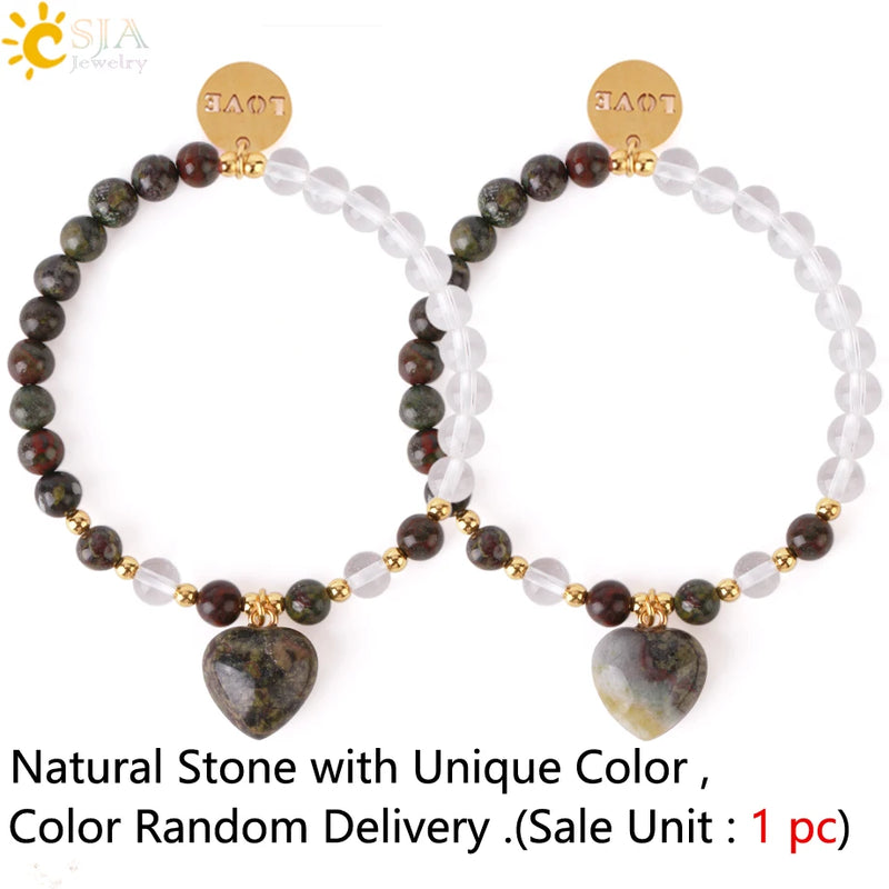 CSJA 6mm Rock Crystal Bracelet Heart Natural Stone Quartz Beads LOVE Charm