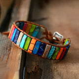 CSJA 7 Chakra Bracelet Colorful Jaspers Leather Wrap Hand Chain Balance Bangle