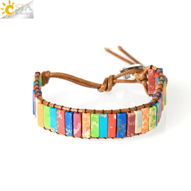 CSJA 7 Chakra Bracelet Colorful Jaspers Leather Wrap Hand Chain Balance Bangle
