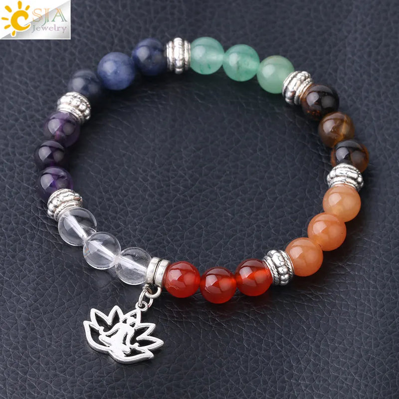 CSJA 7 Chakra Lotus Charms Bracelet Natural Stone Yoga OM 3D Pendants