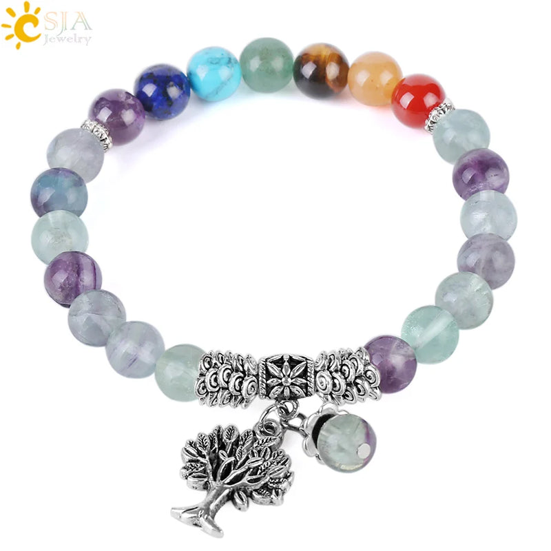 CSJA 8mm Fluorite 7 Chakra Meditation Bracelet